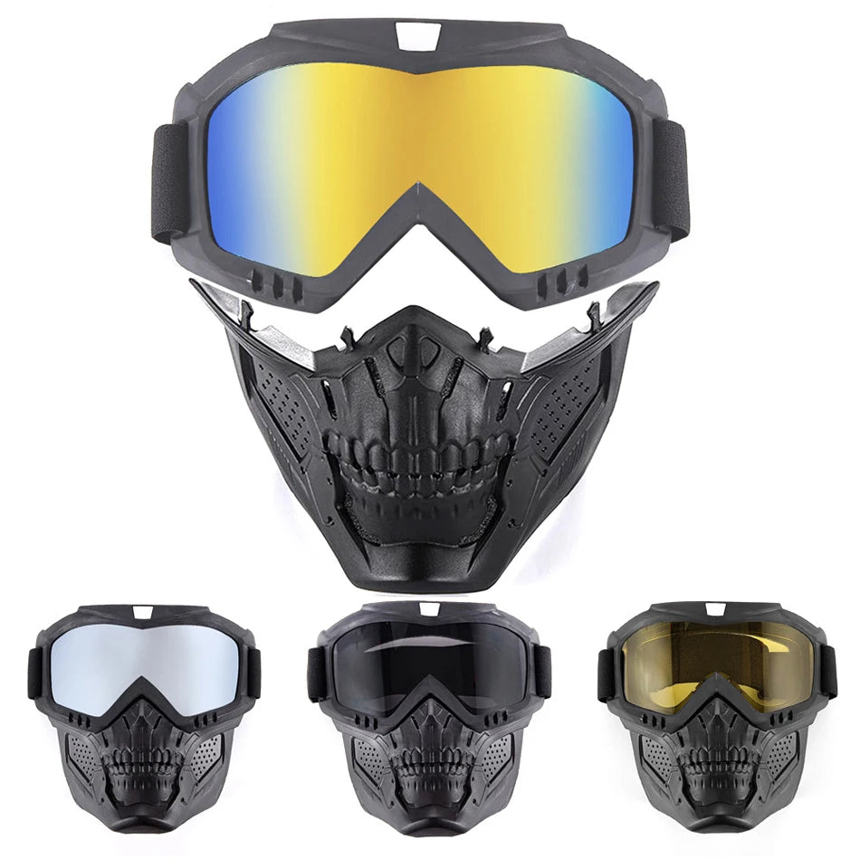 Skull Shield Motorcycle Goggles & Detachable Face Mask Windproof Anti-UV Protection