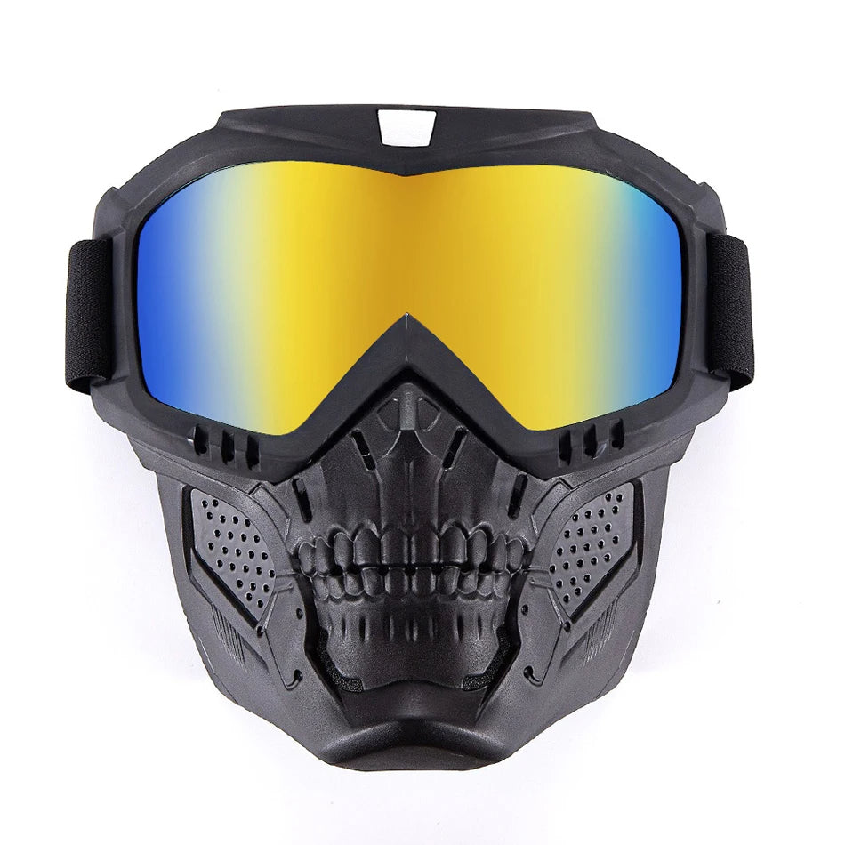 Skull Shield Motorcycle Goggles & Detachable Face Mask Windproof Anti-UV Protection