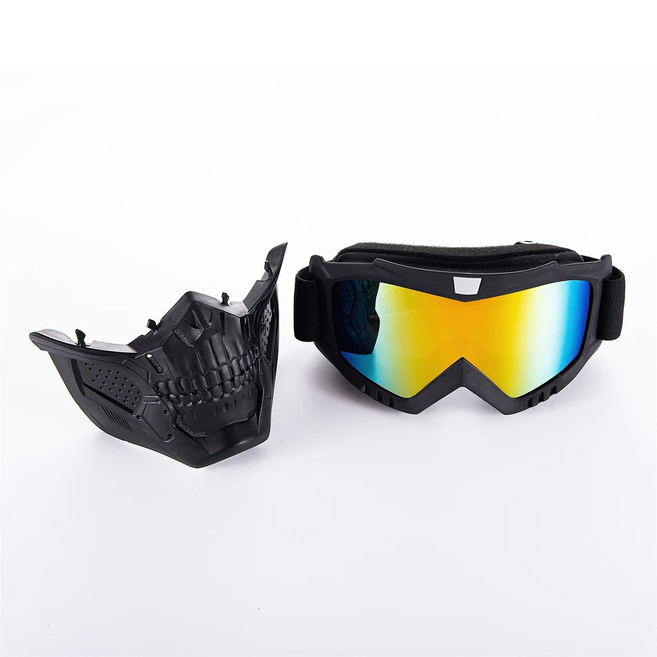 Skull Shield Motorcycle Goggles & Detachable Face Mask Windproof Anti-UV Protection