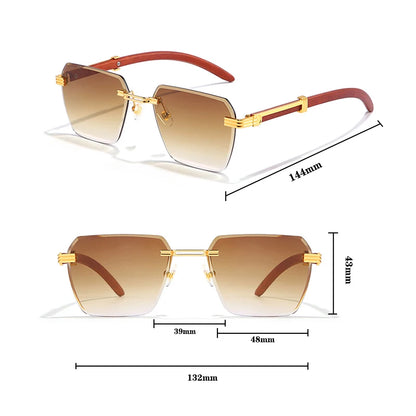 Retro Borderless Sunglasses - Imitation Woodgrain Square Frame