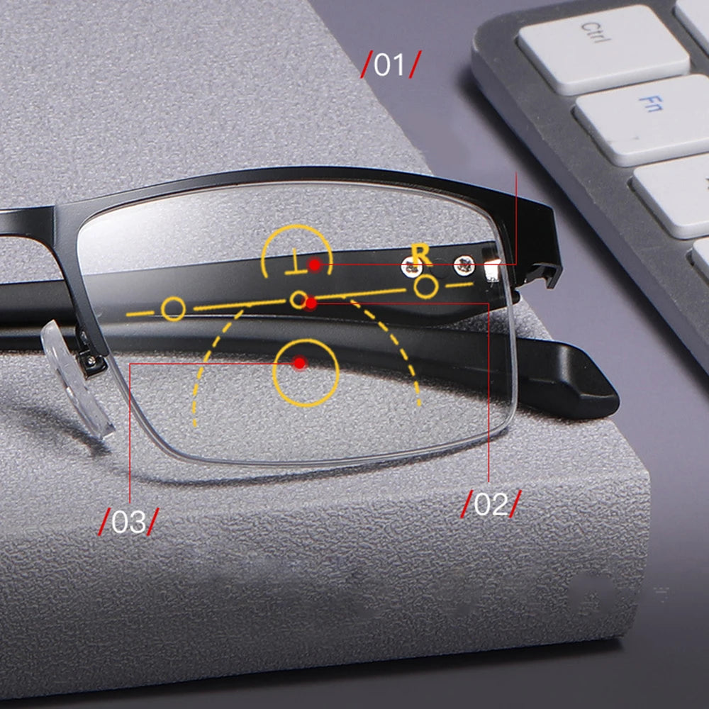 Magnifier Reading Glasses - Multifocal Smart Zoom Photochromic Metal Frame