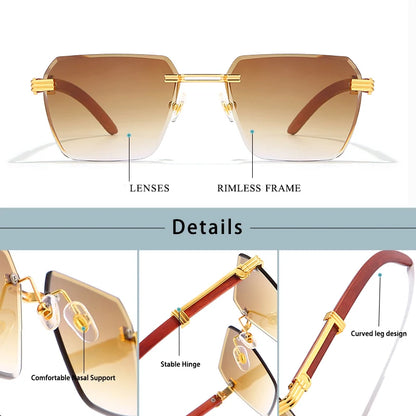 Retro Borderless Sunglasses - Imitation Woodgrain Square Frame