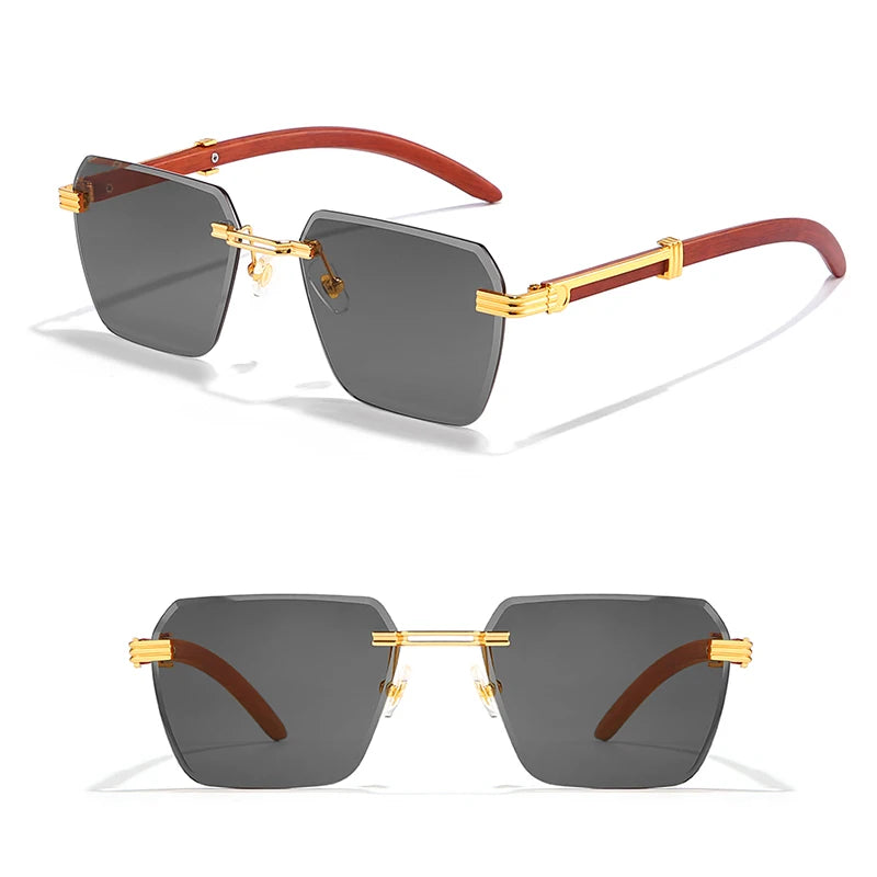 Retro Borderless Sunglasses - Imitation Woodgrain Square Frame